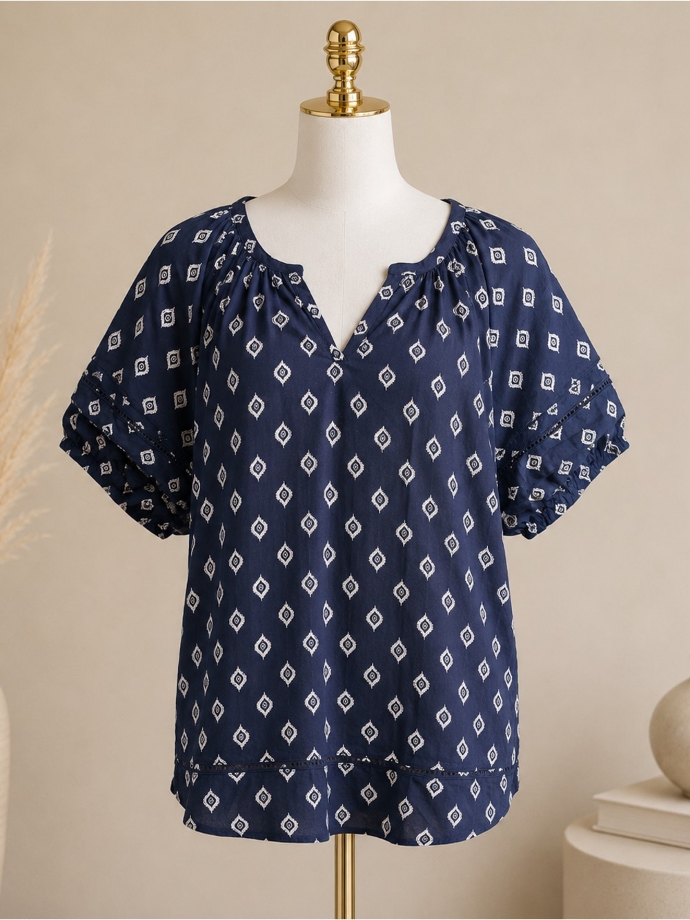 Lane Bryant 26/28 Navy Boho Print Peasant Top Puff Sleeve Plus Size - Picture 2 of 14